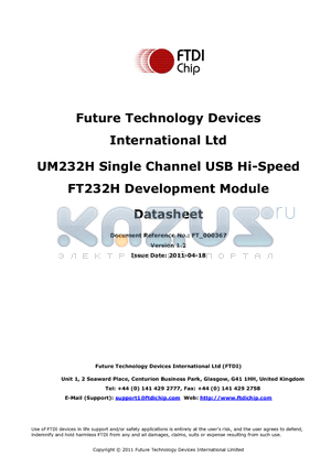 UM232H datasheet - UM232H Single Channel USB Hi-Speed FT232H Development Module Datasheet