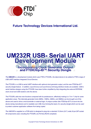 UM232R datasheet - USB- Serial UART Development Module