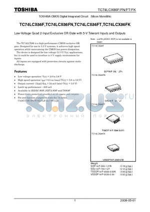 TC74LCX86FK datasheet - Low-Voltage Quad 2-Input Exclusive OR Gate with 5-V Tolerant Inputs and Outputs