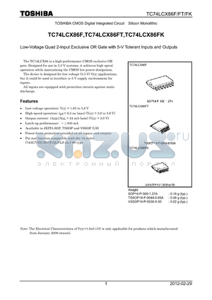 TC74LCX86FK_12 datasheet - Low-Voltage Quad 2-Input Exclusive OR Gate with 5-V Tolerant Inputs and Outputs