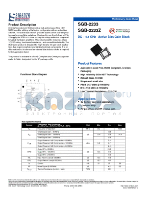 SGB-2233Z datasheet - DC - 4.5 GHz Active Bias Gain Block