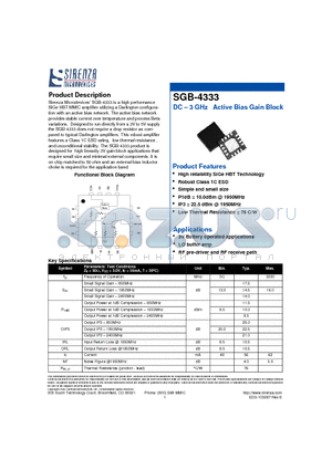 SGB-4333 datasheet - DC - 3 GHz Active Bias Gain Block