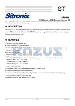 ST8011 datasheet - 120 Output LCD Segment driver IC