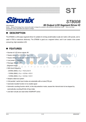 ST8008 datasheet - 80 Output LCD Segment Driver IC