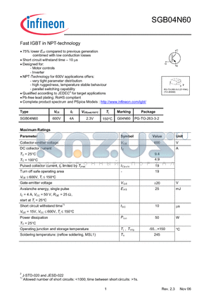 SGB04N60 datasheet - Fast IGBT in NPT-technology 75% lower Eoff compared to previous generation