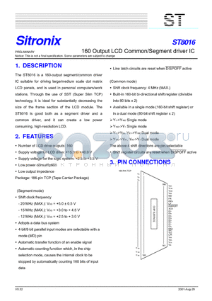 ST8016 datasheet - 160 Output LCD Common/Segment driver IC