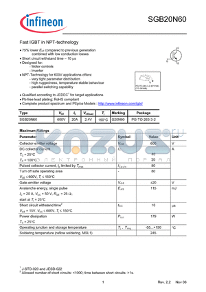SGB20N60 datasheet - Fast IGBT in NPT-technology 75% lower Eoff compared to previous generation