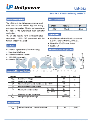 UM4953 datasheet - Dual P-Ch 30V Fast Switching MOSFETs