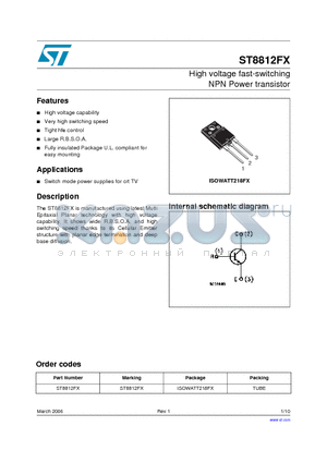 ST8812FX datasheet - High voltage fast-switching NPN Power transistor