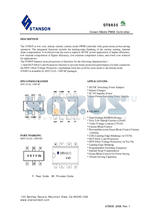 ST8835 datasheet - Green-Mode PWM Controller