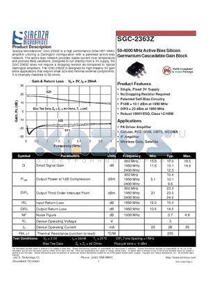 SGC-2363 datasheet - 50-4000 MHz Active Bias Silicon Germanium Cascadable Gain Block