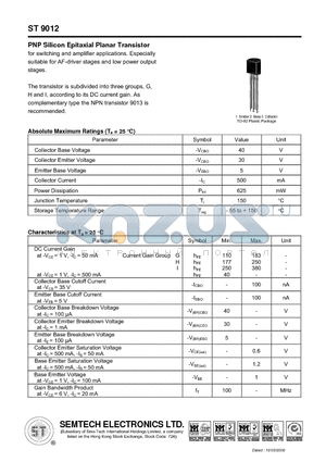 ST9012 datasheet - PNP Silicon Epitaxial Planar Transistor