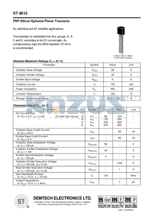 ST9015 datasheet - PNP Silicon Epitaxial Planar Transistor