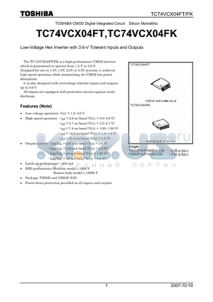 TC74VCX04FT datasheet - Low-Voltage Hex Inverter with 3.6-V Tolerant Inputs and Outputs