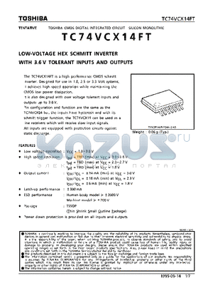 TC74VCX14FT datasheet - LOW-VOLTAGE HEX SCHMITT INVERTER WITH 3.6V TOLERANT INPUTS AND OUTPUTS