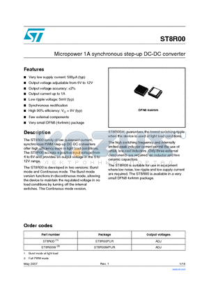 ST8R00 datasheet - Micropower 1A synchronous step-up DC-DC converter