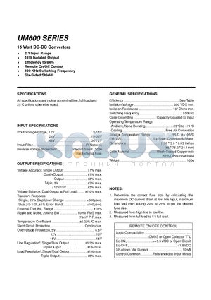 UM611 datasheet - 15 Watt DC-DC Converters