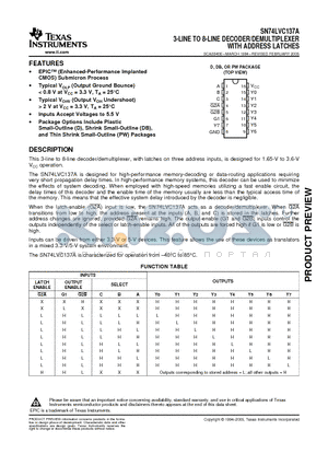 SN74LVC137A datasheet - 3-LINE TO 8-LINE DECODER/DEMULTIPLEXER WITH ADDRESS LATCHES