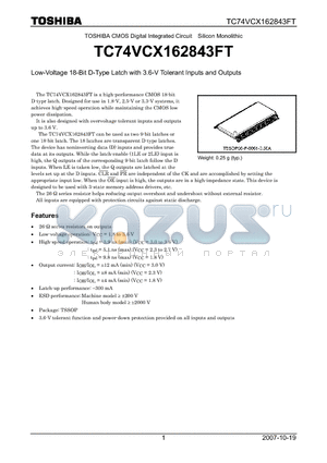 TC74VCX162843FT datasheet - Low-Voltage 18-Bit D-Type Latch with 3.6-V Tolerant Inputs and Outputs