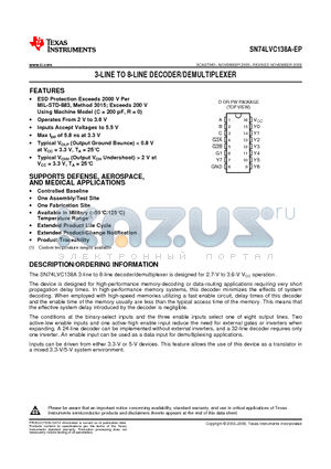 SN74LVC138A-EP datasheet - 3-LINE TO 8-LINE DECODER/DEMULTIPLEXER