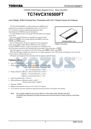 TC74VCX16500FT datasheet - Low-Voltage 18-Bit Universal Bus Transceiver with 3.6-V Tolerant Inputs and Outputs