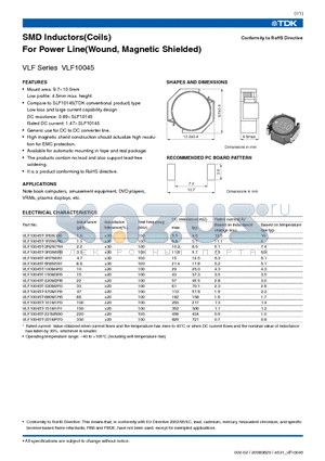 VLF10045T-101M1R3 datasheet - SMD Inductors(Coils) For Power Line(Wound, Magnetic Shielded)