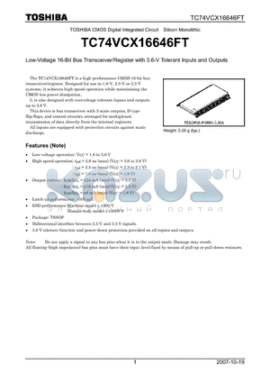 TC74VCX16646FT datasheet - Low-Voltage 16-Bit Bus Transceiver/Register with 3.6-V Tolerant Inputs and Outputs