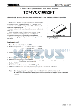 TC74VCX16652FT datasheet - Low-Voltage 16-Bit Bus Transceiver/Register with 3.6-V Tolerant Inputs and Outputs