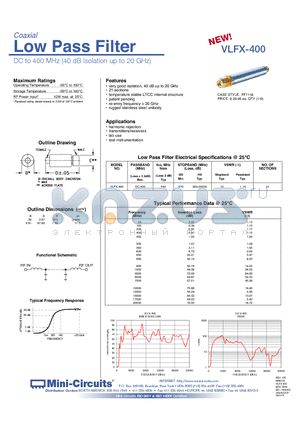 VLFX-400 datasheet - Low Pass Filter DC to 400 MHz (40 dB Isolation up to 20 GHz)