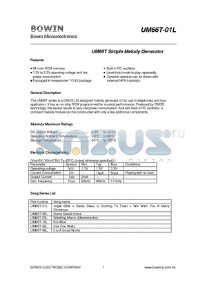 UM66T-01L datasheet - UM66T Simple Melody Generator