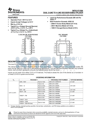 SN74LVC139APWR datasheet - DUAL 2-LINE TO 4-LINE DECODER/DEMULTIPLEXER