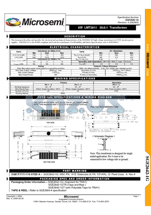 SGE2642-1G datasheet - 6W LMT3811 38.6:1 Transformer