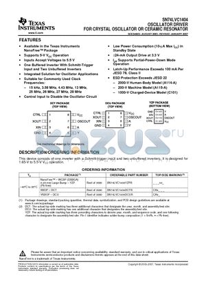 SN74LVC1404YZPR datasheet - OSCILLATOR DRIVER FOR CRYSTAL OSCILLATOR OR CERAMIC RESONATOR