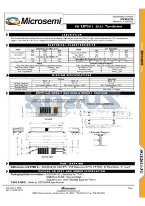 SGE2644-3GTR datasheet - 6W LMT3811 28.3:1 Transformer