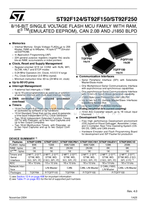 ST92124JCV1QB datasheet - 8/16-BIT SINGLE VOLTAGE FLASH MCU FAMILY WITH RAM, E3 TMEMULATED EEPROM, CAN 2.0B AND J1850 BLPD