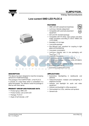VLMPG30E1F2-GS18 datasheet - Low current SMD LED PLCC-2