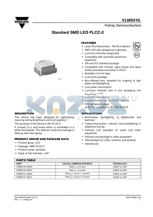 VLMS3100-GS08 datasheet - Standard SMD LED PLCC-2