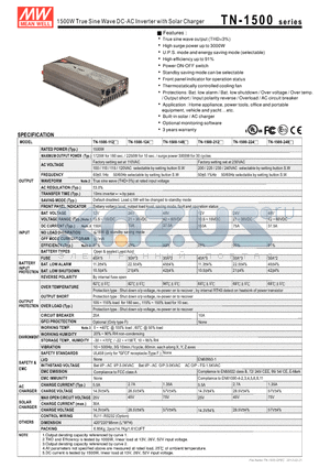 TN-1500-212 datasheet - 1500W True Sine Wave DC-AC Inverter with Solar Charger