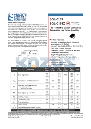 SGL-0163Z datasheet - 100 - 1300 MHz Silicon Germanium Cascadable Low Noise Amplifier