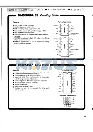 UM95080 datasheet - ONE KEY DIALER TONE DIALER