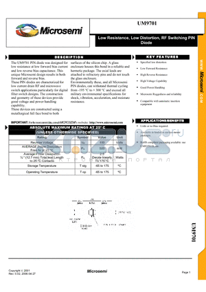 UM9701 datasheet - Low Resistance, Low Distortion, RF Switching PIN Diode