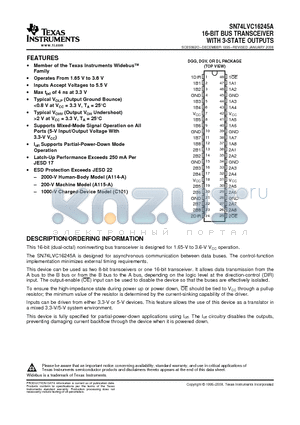 SN74LVC16245AGQLR datasheet - 16-BIT BUS TRANSCEIVER WITH 3-STATE OUTPUTS
