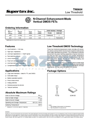 TN0604N3 datasheet - N-Channel Enhancement-Mode Vertical DMOS FETs