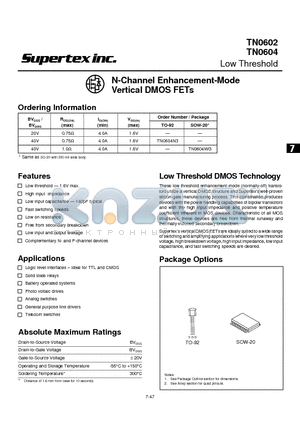 TN0604N3 datasheet - N-Channel Enhancement-Mode Vertical DMOS FETs