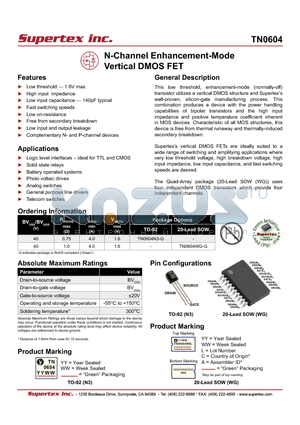 TN0604N3-G datasheet - N-Channel Enhancement-Mode Vertical DMOS FET