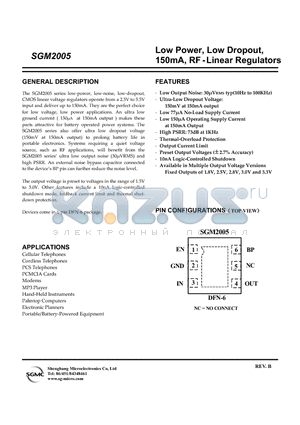 SGM2005-2.8YD6/TR datasheet - Low Power, Low Dropout, 150mA, RF - Linear Regulators