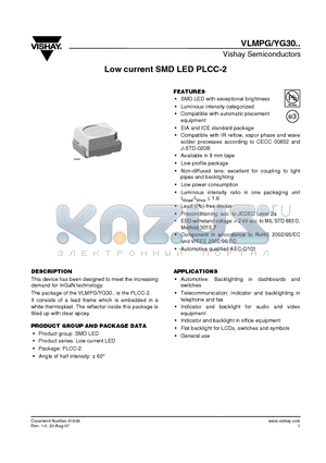 VLMYG30H2K1-GS08 datasheet - Low current SMD LED PLCC-2