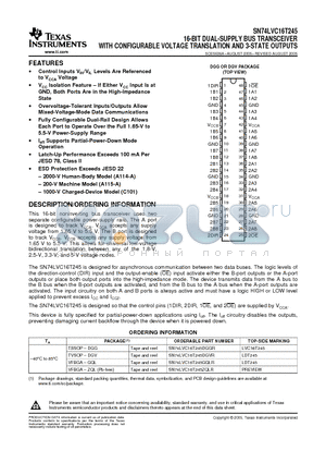 SN74LVC16T245DGGR datasheet - 16-BIT DUAL-SUPPLY BUS TRANSCEIVER WITH CONFIGURABLE VOLTAGE TRANSLATION AND 3-STATE OUTPUTS