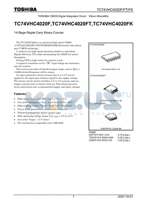 TC74VHC4020FT datasheet - 14-Stage Ripple Carry Binary Counter