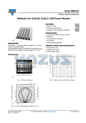 VLSL-REFL01 datasheet - Reflector for VLSL30, VLSL31 LED Power Module